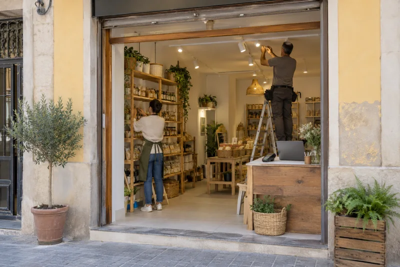 Interior de una tienda de barrio con una persona ordenando estantes mientras se instala una luminaria, con un terminal de pago sobre el mostrador.