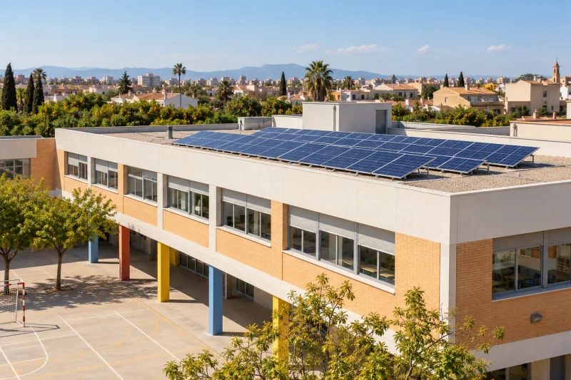 Ilustración de un colegio público genérico con paneles fotovoltaicos sobre la cubierta.