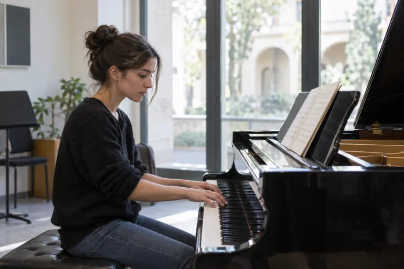 Una pianista adulta ensaya frente a un piano de cola en un aula luminosa.