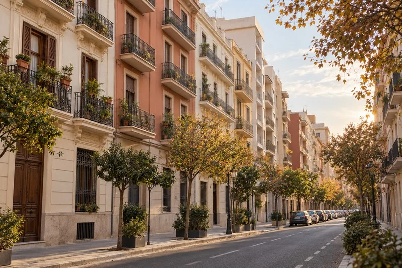Fachadas residenciales de varios edificios de viviendas en una calle de València.